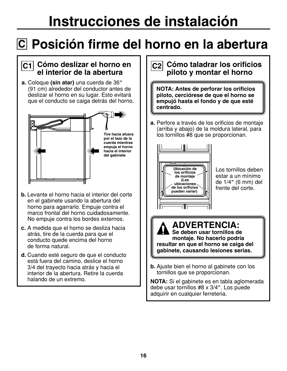 Posición firme del horno en la abertura, Instrucciones de instalación, Advertencia | C1 c2 | GE ZET938SMSS User Manual | Page 36 / 40