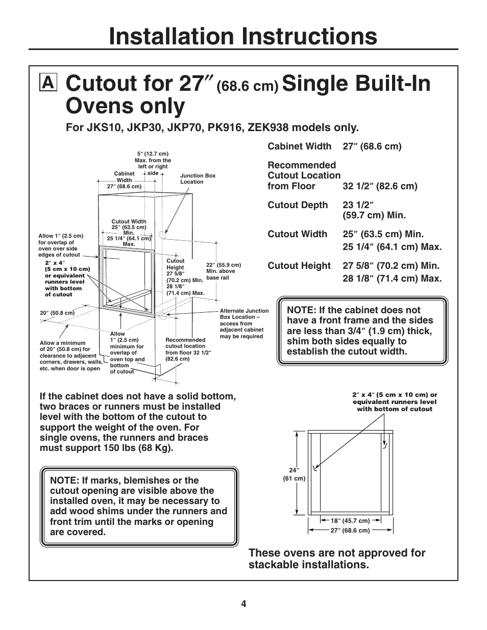 Installation cutouts, Installation instructions, Cutout for 27 | Single built-in ovens only, 6 cm) | GE ZET938SMSS User Manual | Page 4 / 40