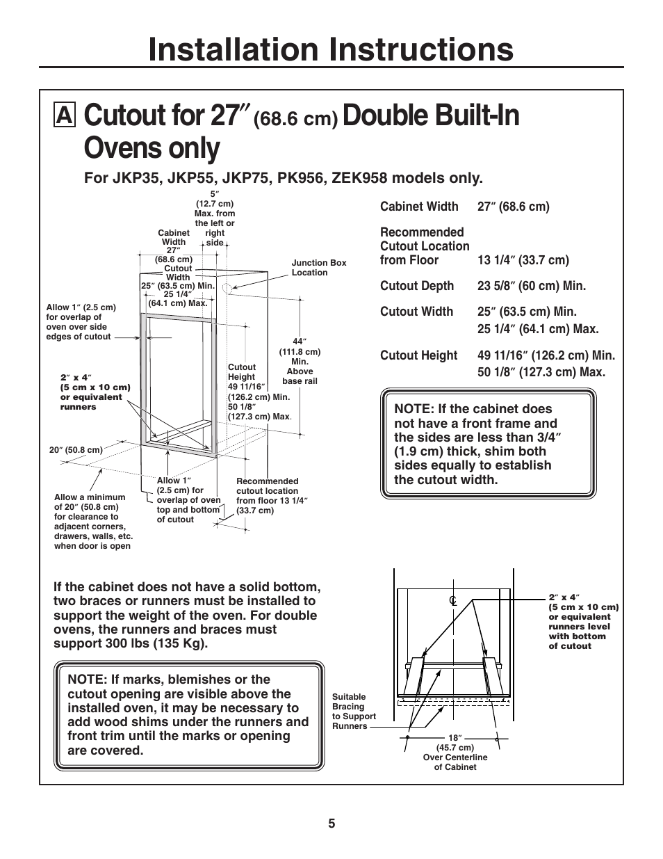 Installation instructions, Cutout for 27, Double built-in ovens only | 6 cm) | GE ZET938SMSS User Manual | Page 5 / 40