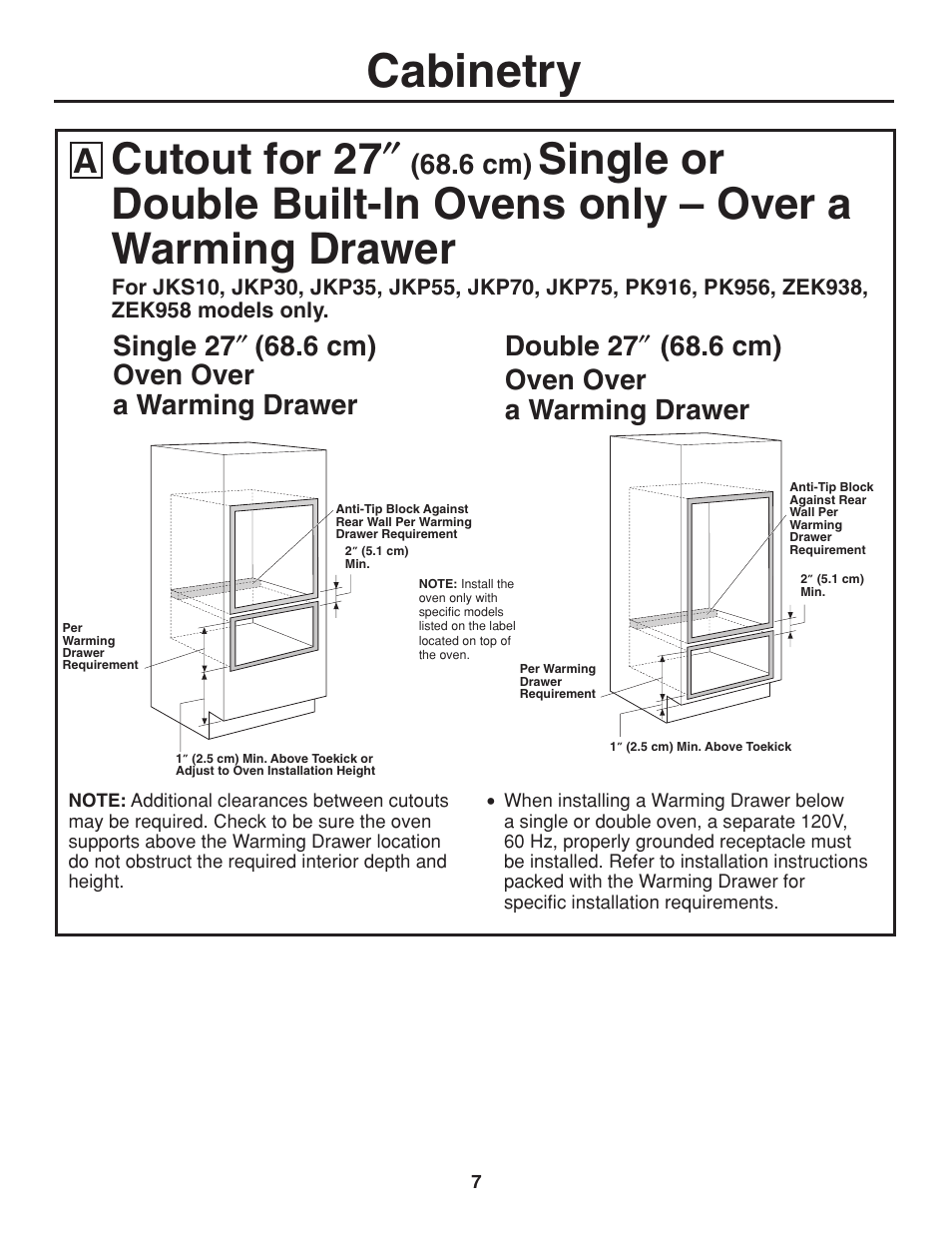 Cabinetry, Cutout for 27 | GE ZET938SMSS User Manual | Page 7 / 40