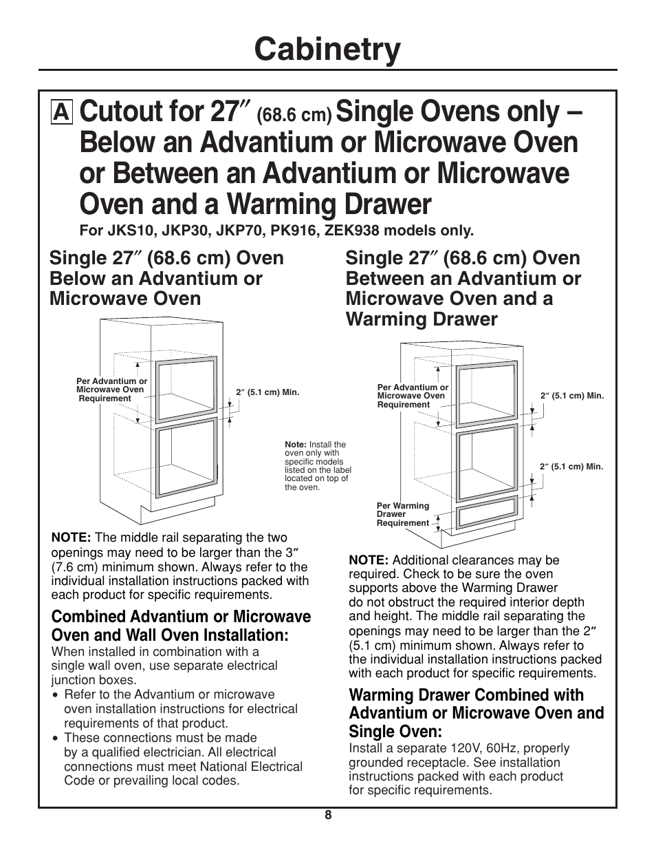 Cabinetry, Cutout for 27, 6 cm) | GE ZET938SMSS User Manual | Page 8 / 40