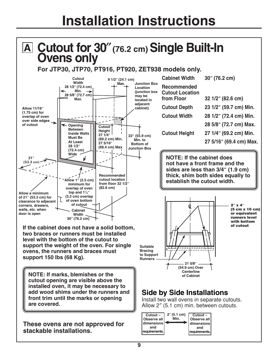 Installation instructions, Cutout for 30, Single built-in ovens only | 2 cm), Side by side installations | GE ZET938SMSS User Manual | Page 9 / 40