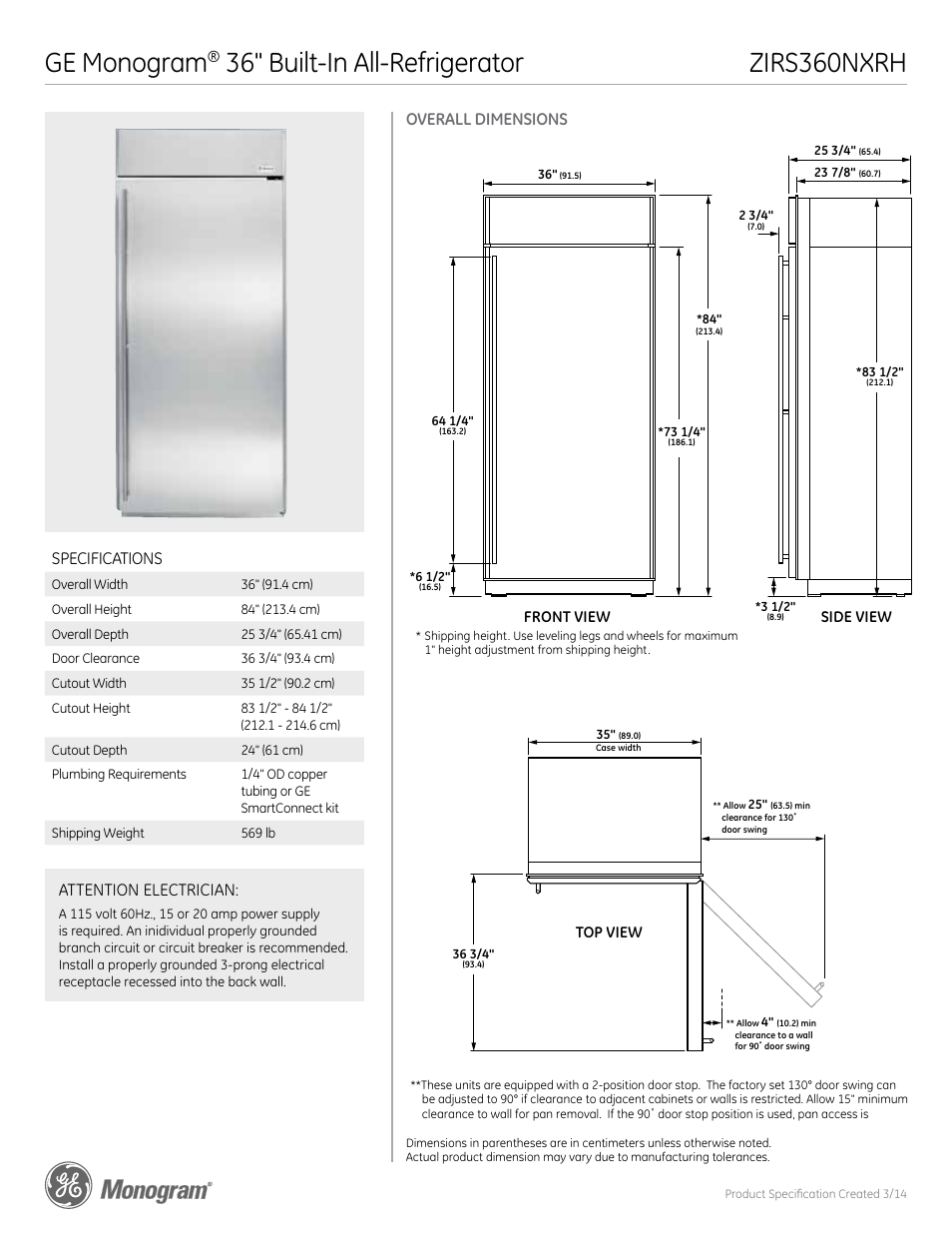 GE ZIRS360NXRH User Manual | 5 pages