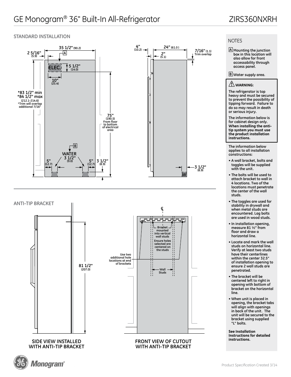 Ge monogram, Zirs360nxrh, Zirp360nxrh | Standard installation anti-tip bracket, Side view front view, Elec, Side view installed with anti-tip bracket, Front view of cutout with anti-tip bracket, Side view, Front view | GE ZIRS360NXRH User Manual | Page 2 / 5