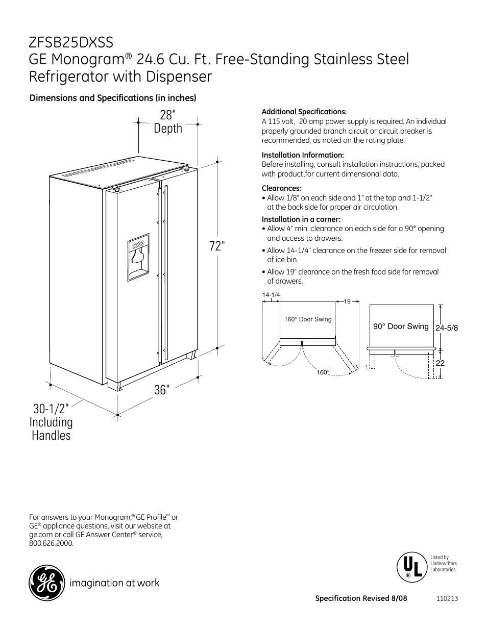 GE ZFSB25DXSS User Manual | 2 pages