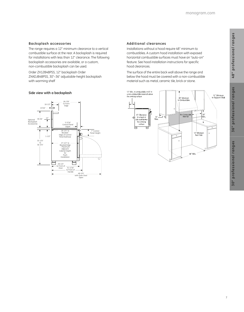 Backsplash accessories, Side view with a backsplash | GE ZGP486LDRSS User Manual | Page 3 / 3