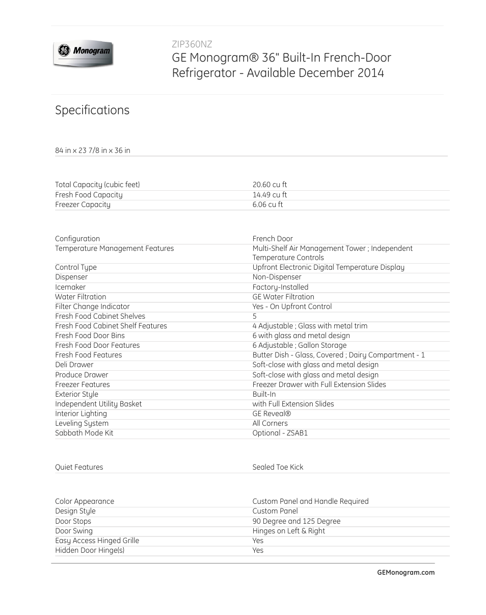 Specifications, Zip360nz | GE ZIP360NZ User Manual | Page 2 / 3