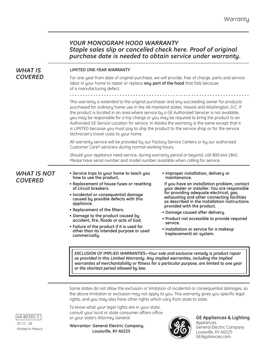 What is not covered, Warranty | GE ZV36TSFSS User Manual | Page 12 / 12