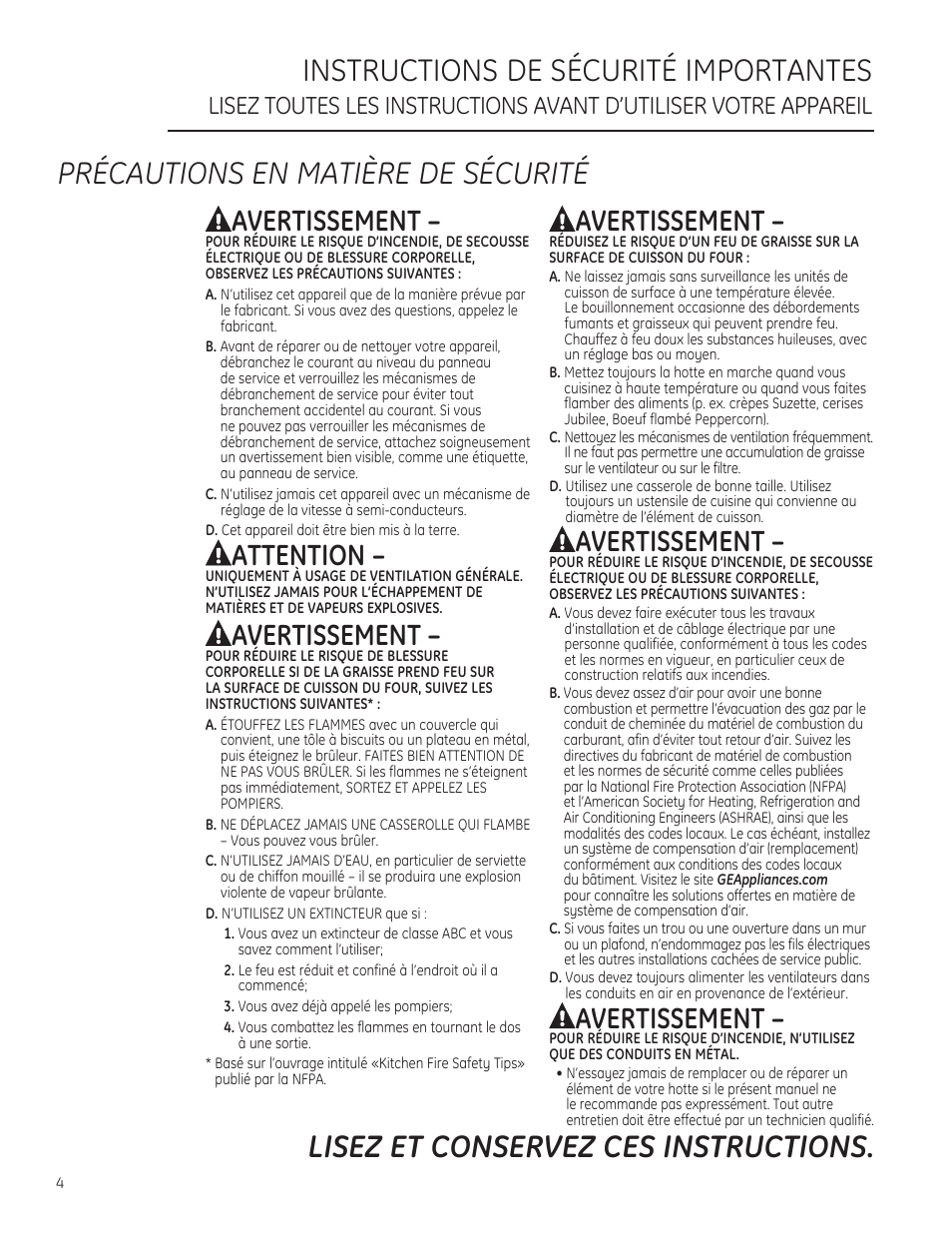 Instructions de sécurité importantes | GE ZV36TSFSS User Manual | Page 4 / 12