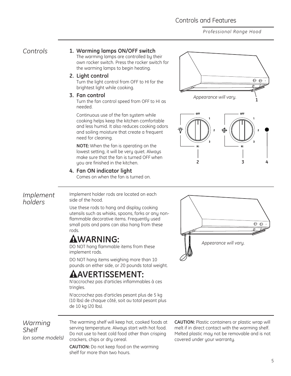 Warning, Controls and features, Controls | Implement holders, Warming shelf | GE ZV36TSFSS User Manual | Page 5 / 12