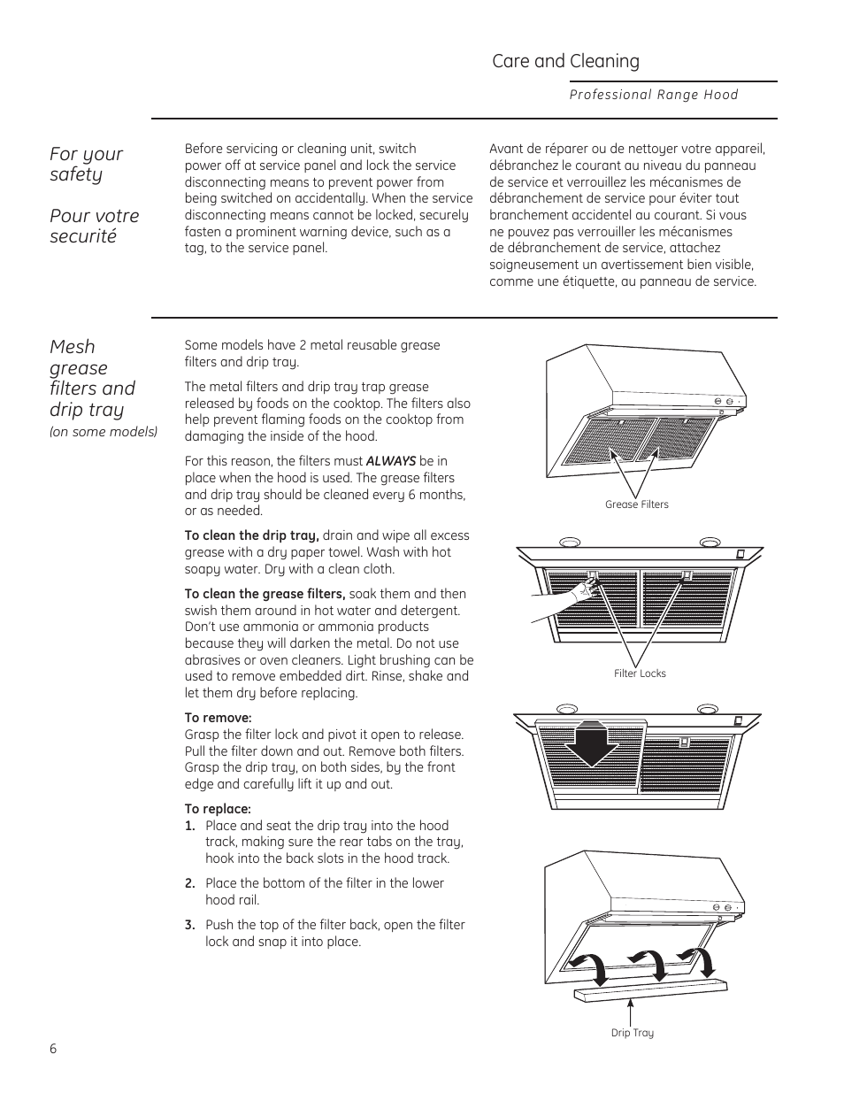 Care and cleaning, For your safety pour votre securité, Mesh grease filters and drip tray | GE ZV36TSFSS User Manual | Page 6 / 12