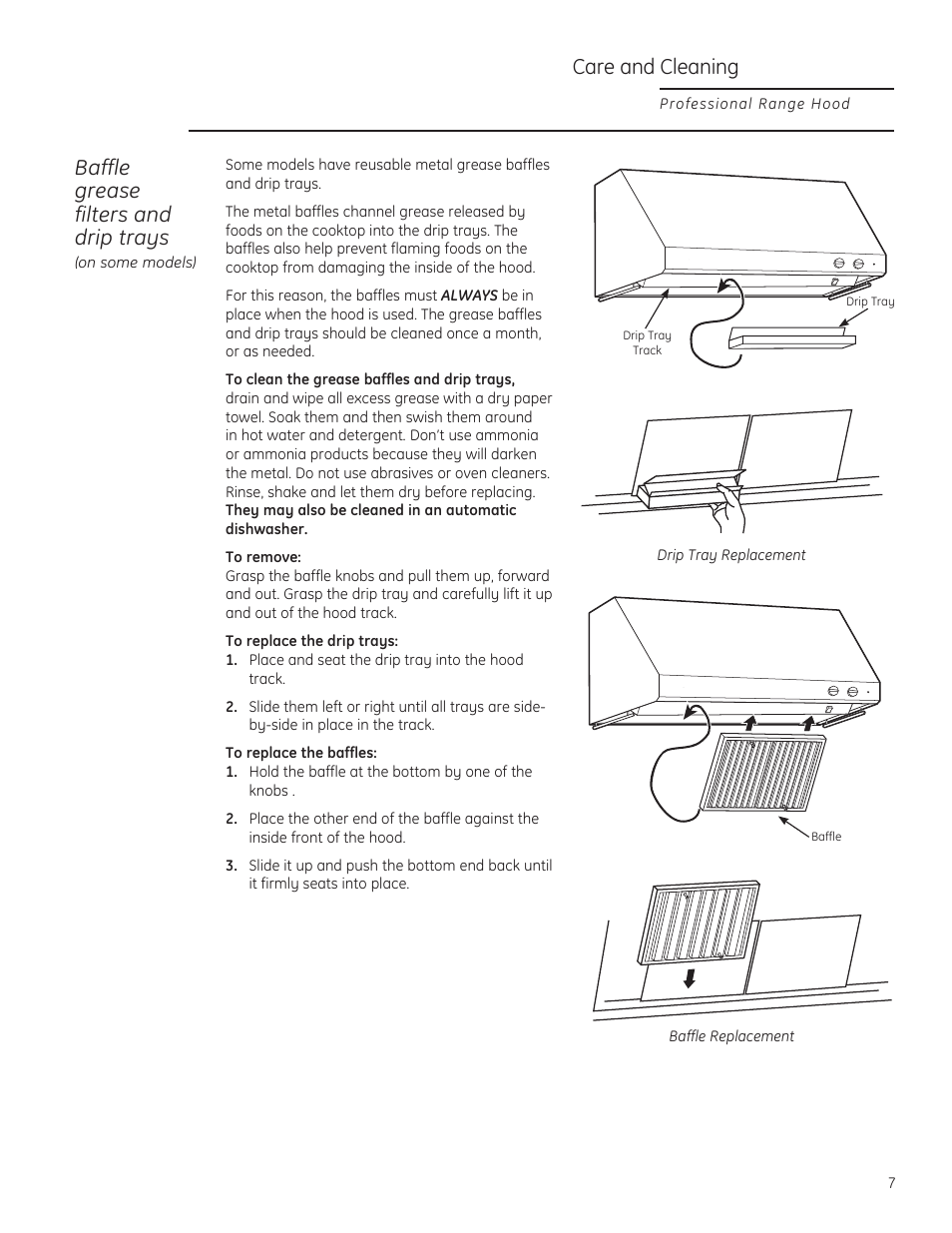Baffle grease filters and drip trays, Care and cleaning | GE ZV36TSFSS User Manual | Page 7 / 12