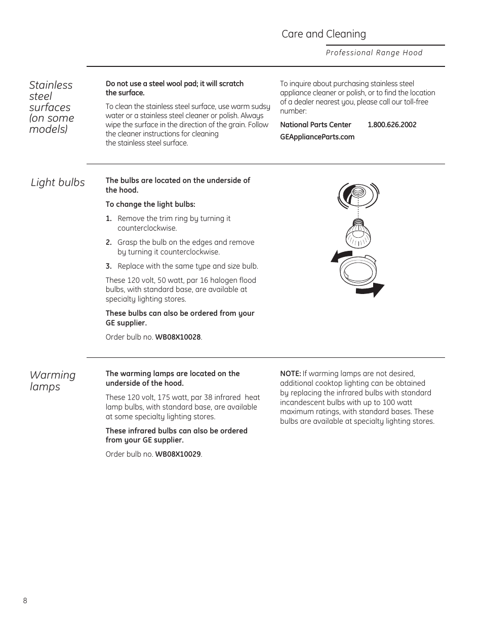 Light bulbs, Care and cleaning, Warming lamps | Stainless steel surfaces (on some models) | GE ZV36TSFSS User Manual | Page 8 / 12