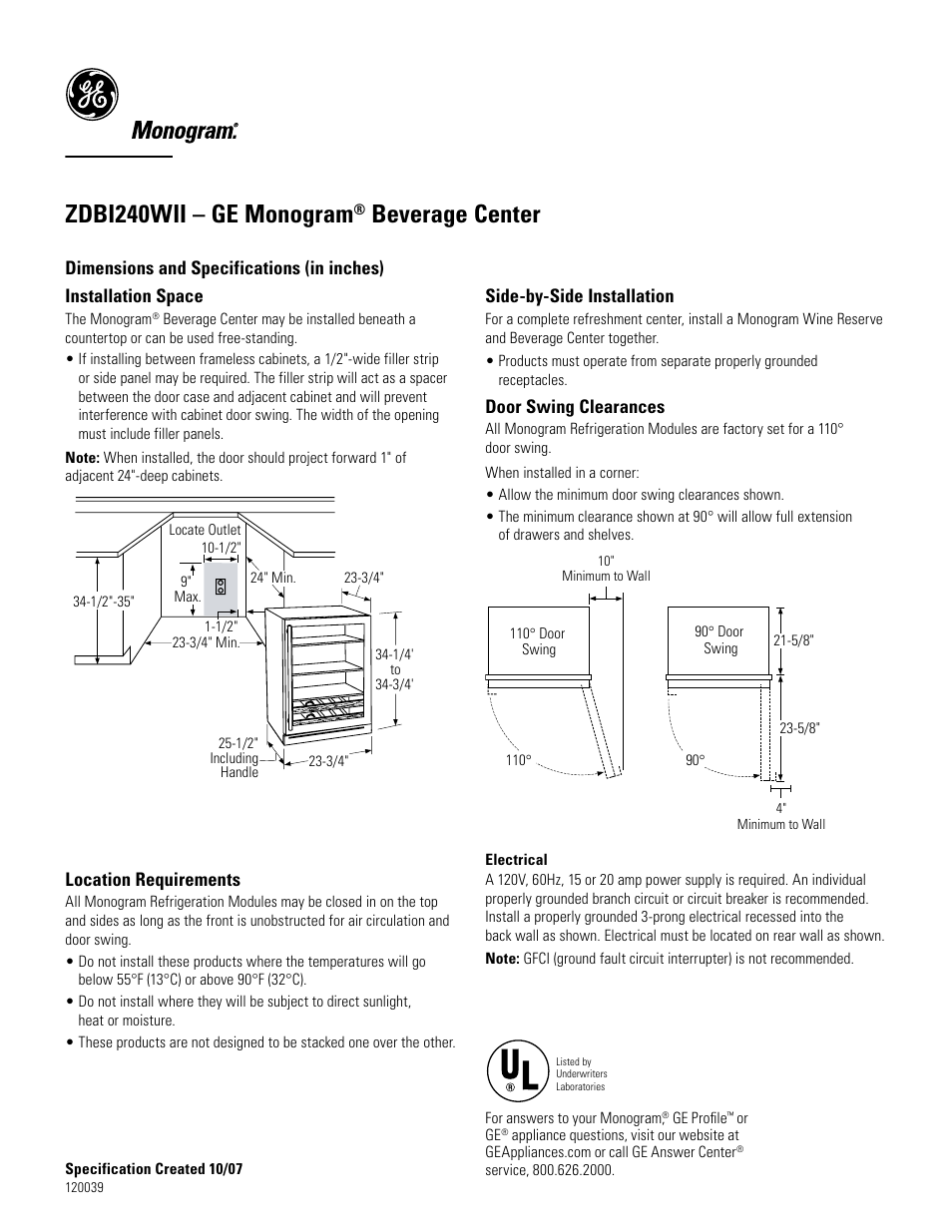 GE ZDBI240WII User Manual | 2 pages