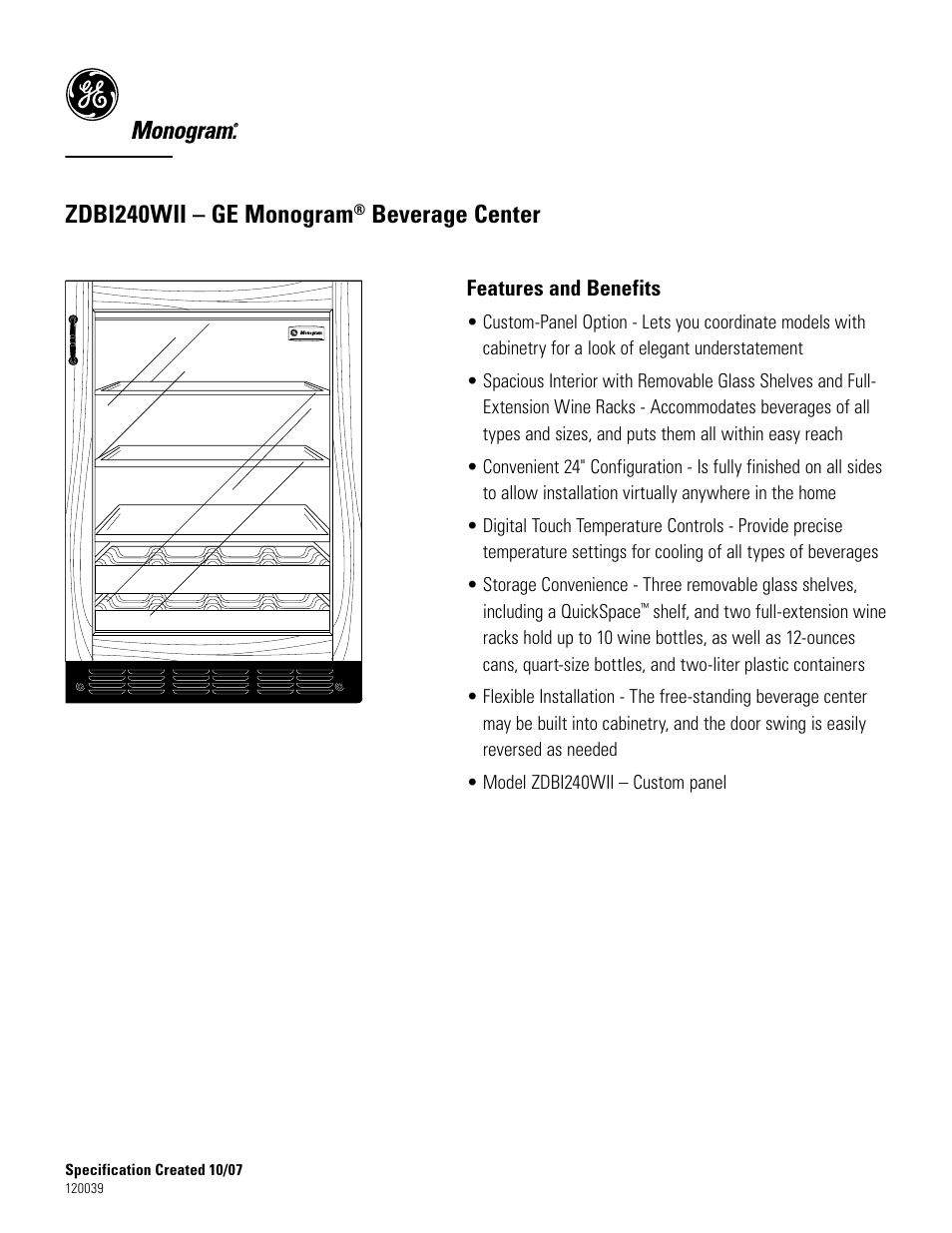 Zdbi240wii – ge monogram, Beverage center | GE ZDBI240WII User Manual | Page 2 / 2