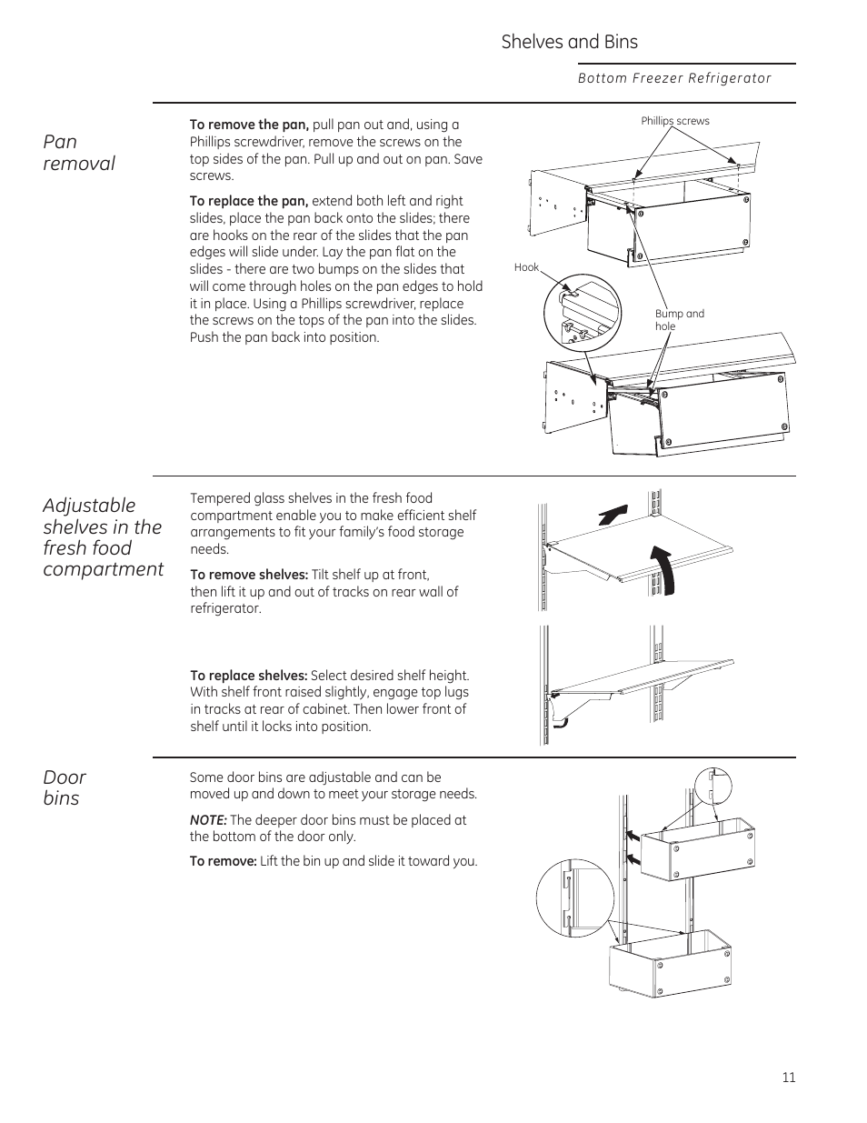 Pan removal, Shelves and bins, Adjustable shelves in the fresh food compartment | Door bins | GE ZIPS360NZ User Manual | Page 11 / 18