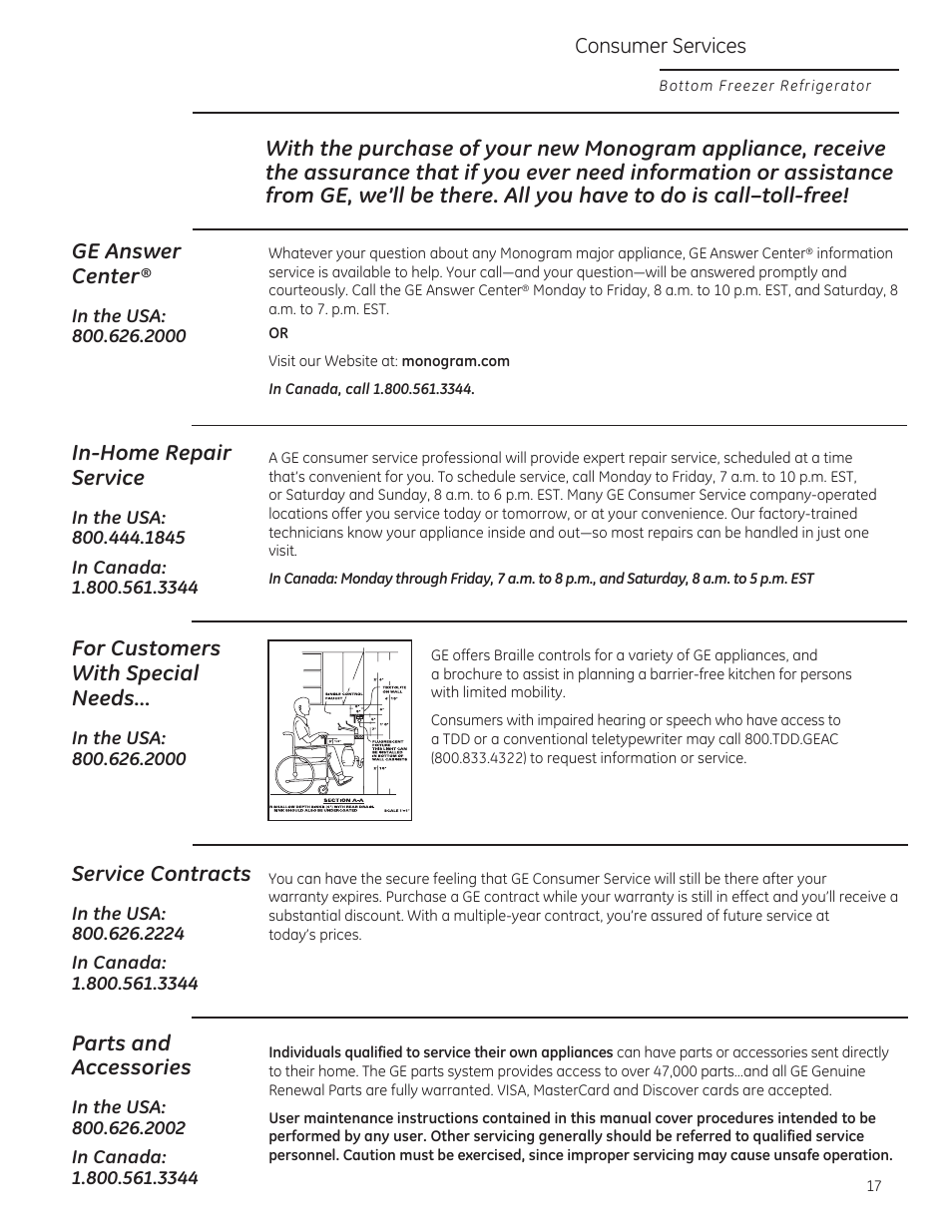 In-home repair service, Service contracts, Parts and accessories | For customers with special needs, Consumer services | GE ZIPS360NZ User Manual | Page 17 / 18