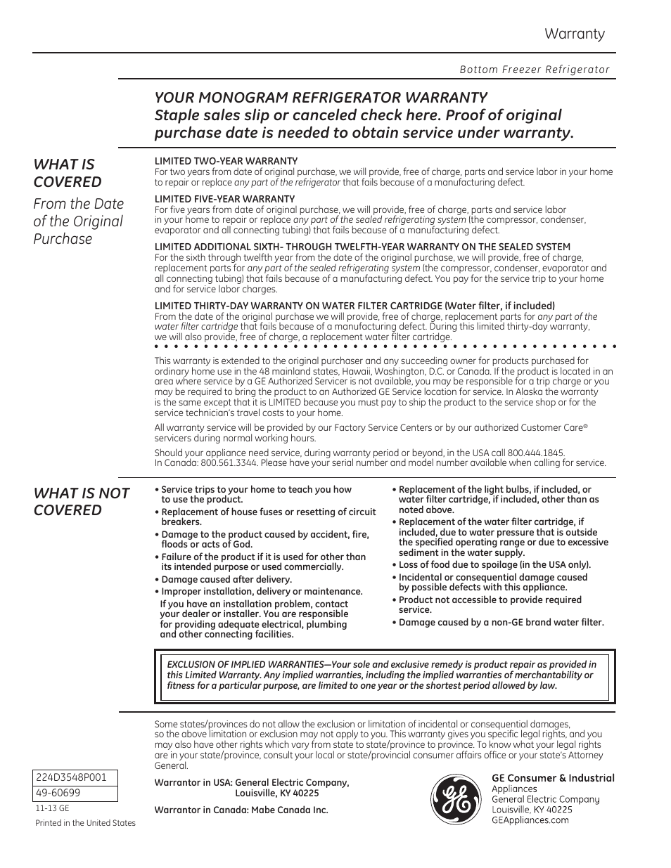 Warranty, What is not covered | GE ZIPS360NZ User Manual | Page 18 / 18