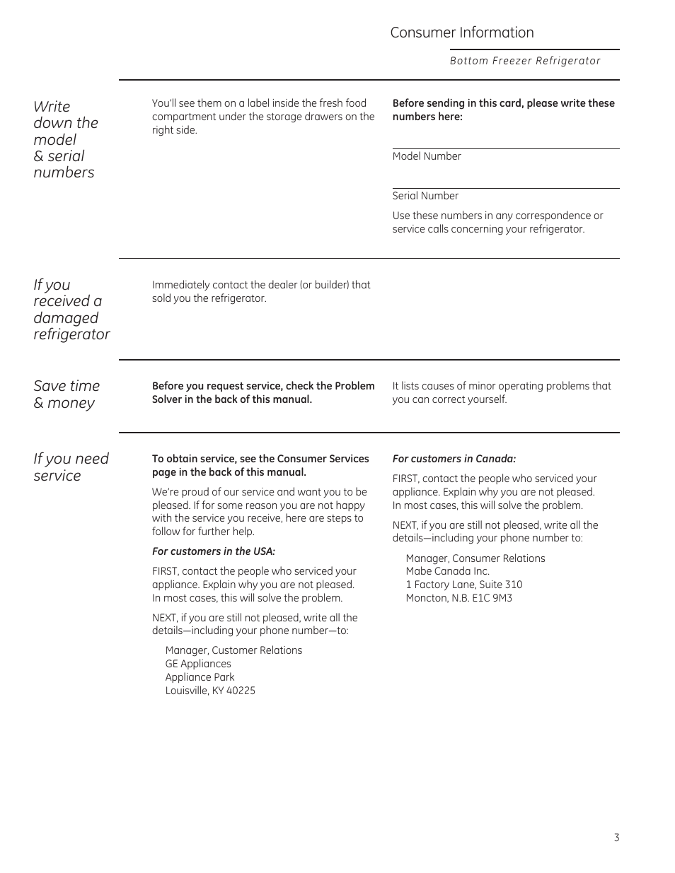Write down the model & serial numbers, If you received a damaged refrigerator, Save time & money | If you need service, Consumer information | GE ZIPS360NZ User Manual | Page 3 / 18