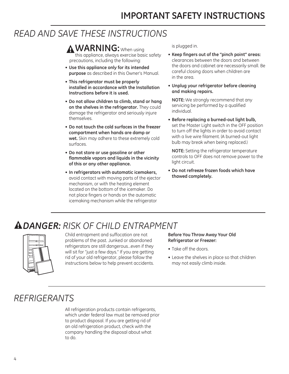 Read and save these instructions warning, Danger: risk of child entrapment, Refrigerants | Important safety instructions | GE ZIPS360NZ User Manual | Page 4 / 18
