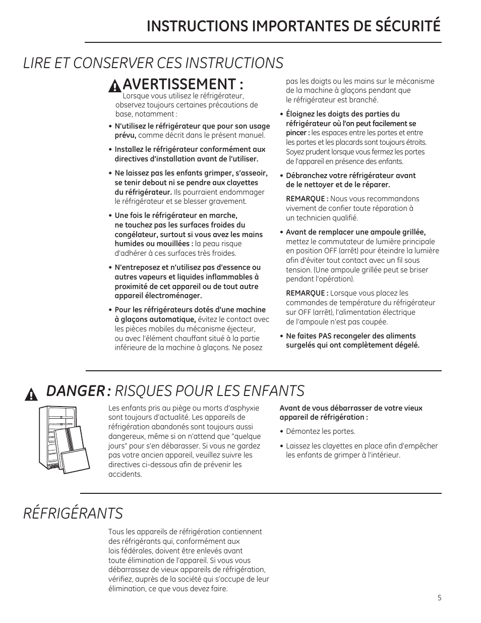 Lire et conserver ces instructions avertissement, Danger : risques pour les enfants, Réfrigérants | Instructions importantes de sécurité | GE ZIPS360NZ User Manual | Page 5 / 18