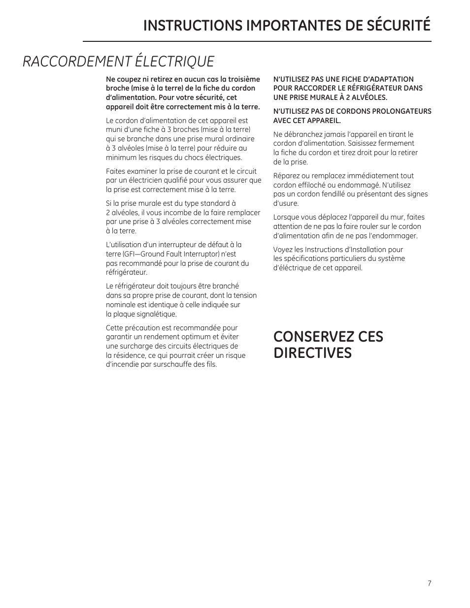 Raccordement électrique | GE ZIPS360NZ User Manual | Page 7 / 18