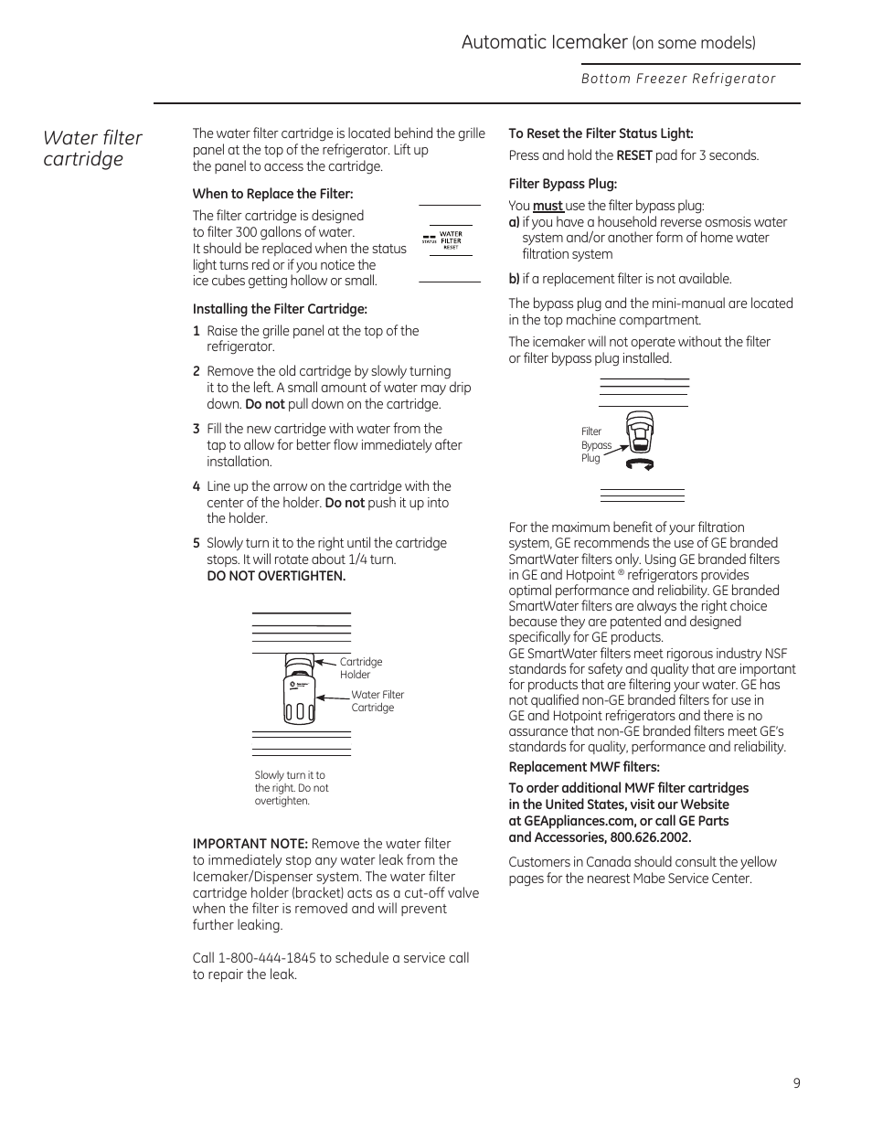 Water filter cartridge, Automatic icemaker | GE ZIPS360NZ User Manual | Page 9 / 18