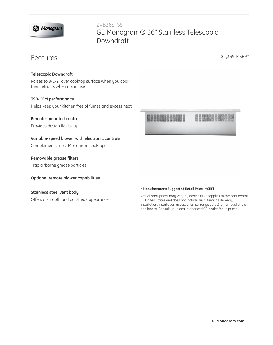GE ZVB36STSS User Manual | 2 pages