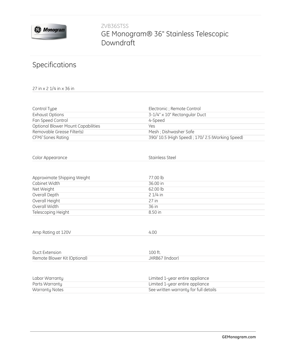 Ge monogram® 36" stainless telescopic downdraft, Specifications | GE ZVB36STSS User Manual | Page 2 / 2