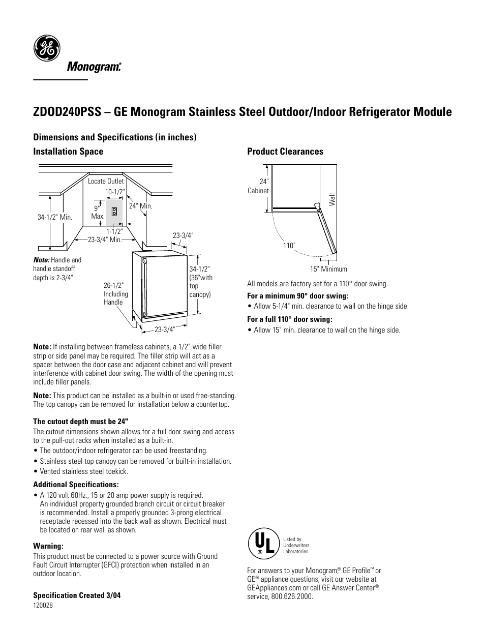 GE ZDOD240PSS User Manual | 3 pages