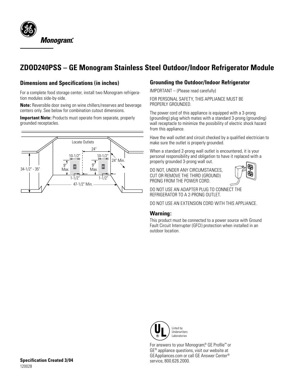Dimensions and specifications (in inches), Grounding the outdoor/indoor refrigerator, Warning | GE ZDOD240PSS User Manual | Page 2 / 3