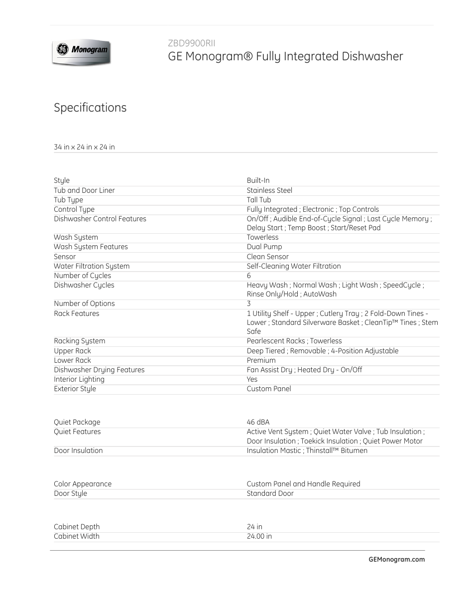 Ge monogram® fully integrated dishwasher, Specifications, Zbd9900rii | GE ZBD9900RII User Manual | Page 2 / 3