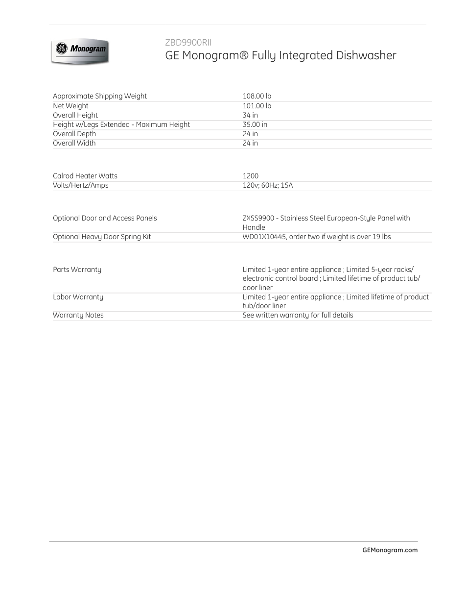 Ge monogram® fully integrated dishwasher, Zbd9900rii | GE ZBD9900RII User Manual | Page 3 / 3