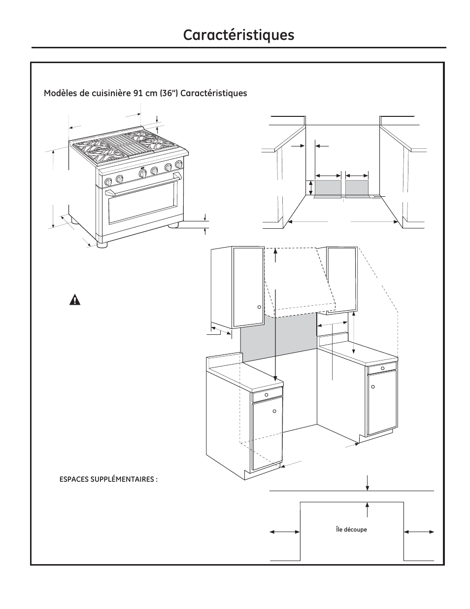 Dudfwpulvwltxhv, Avertissement, Dimensions de l’appareil et espaces | 0rgqohvghfxlvlqlquhfp µ &dudfwpulvwltxhv | GE ZDP364NDPSS User Manual | Page 27 / 68