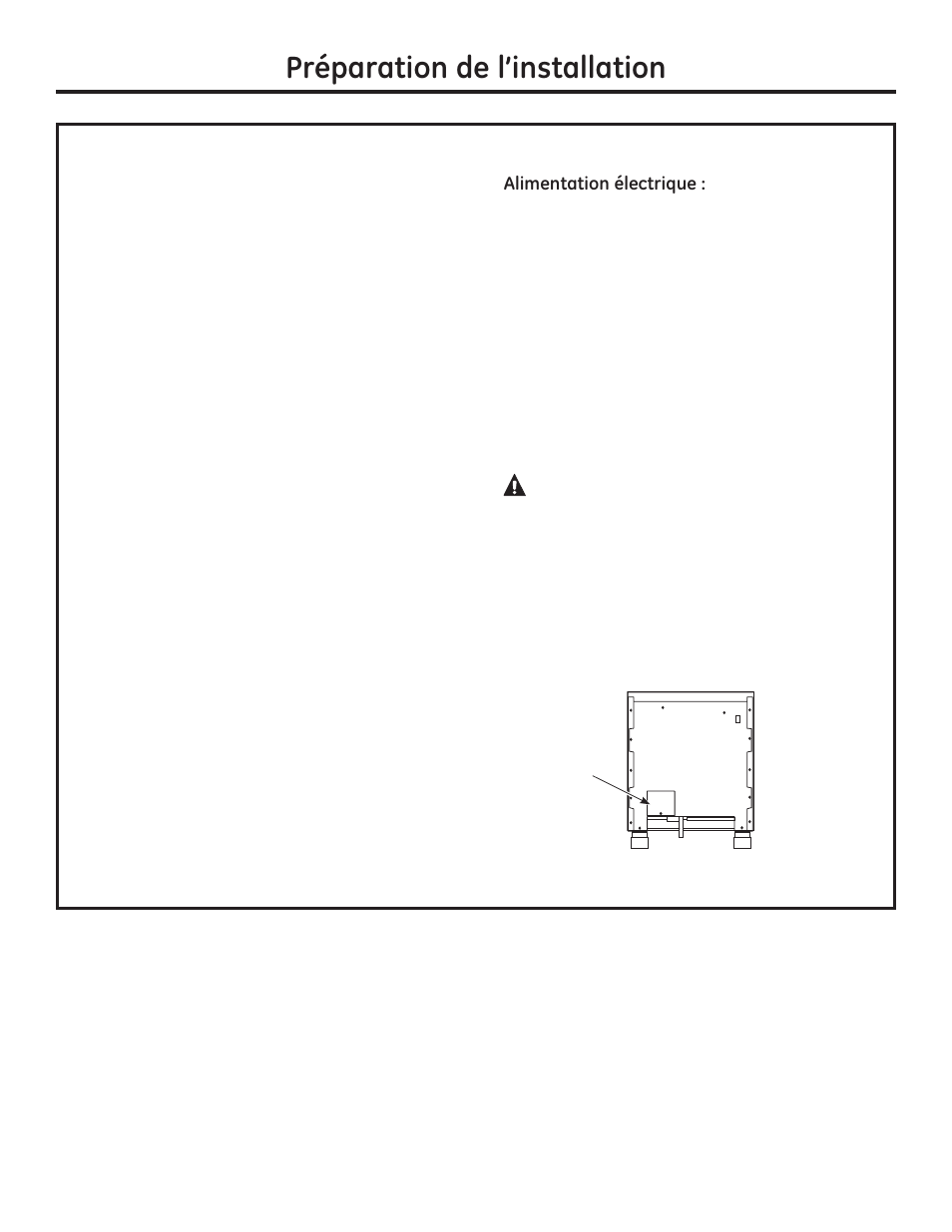 Avertissement, 3upsdudwlrqgho·lqvwdoodwlrq, Emplacement des alimentations | GE ZDP364NDPSS User Manual | Page 31 / 68