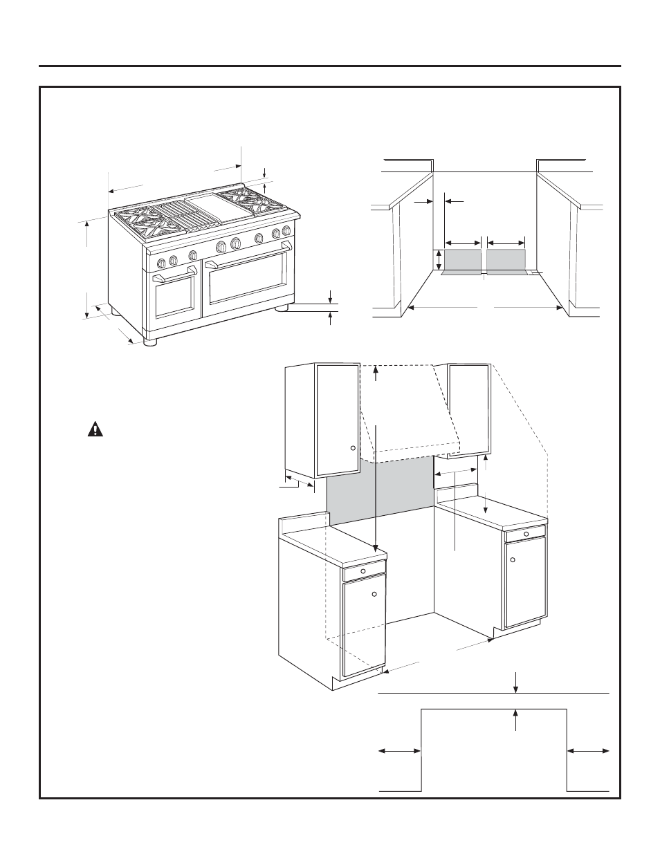 Información de diseño, Advertencia, Dimensiones y espacios del producto | Modelos de cocina de 48 | GE ZDP364NDPSS User Manual | Page 48 / 68