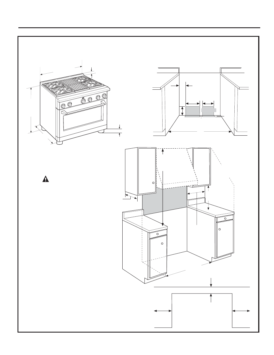 Información de diseño, Advertencia, Dimensiones y espacios del producto | Modelos de cocina de 36 | GE ZDP364NDPSS User Manual | Page 49 / 68