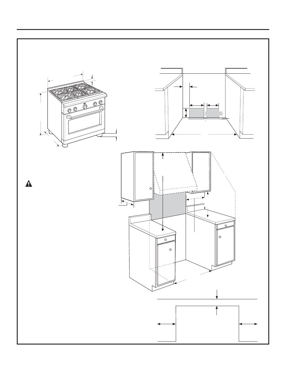 Información de diseño, Advertencia, Dimensiones y espacios del producto | Modelos de cocina de 30” de ancho | GE ZDP364NDPSS User Manual | Page 50 / 68