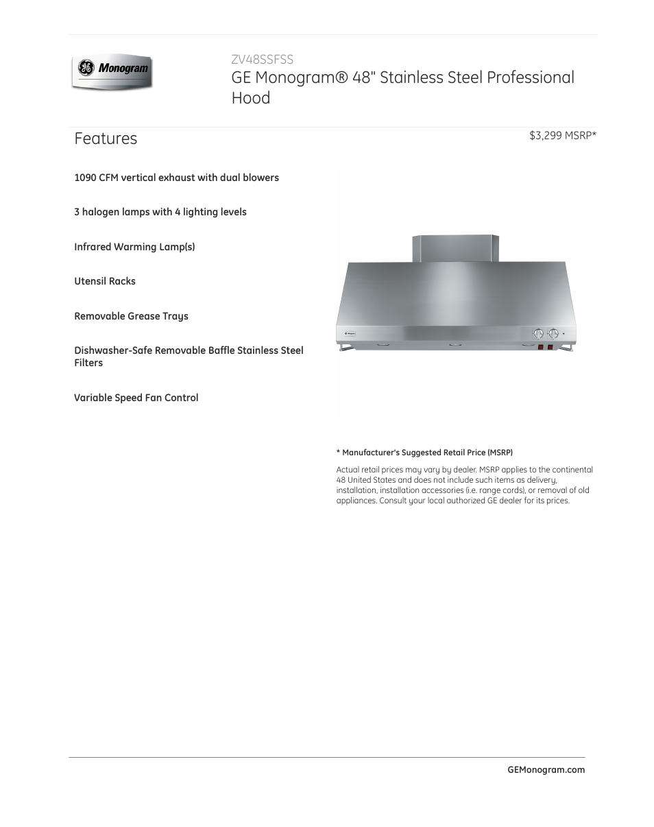 GE ZV48SSFSS User Manual | 3 pages