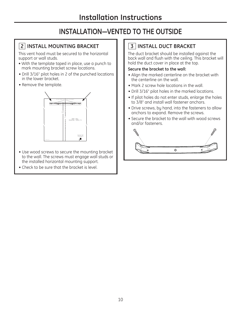 Installation instructions, 3 install duct bracket, Install mounting bracket | GE ZV900SLSS User Manual | Page 10 / 20