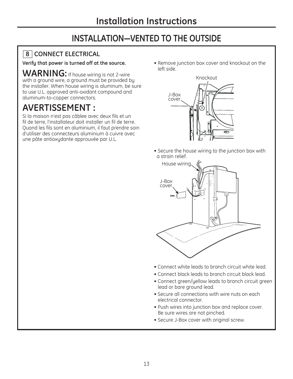 Warning, Avertissement | GE ZV900SLSS User Manual | Page 13 / 20