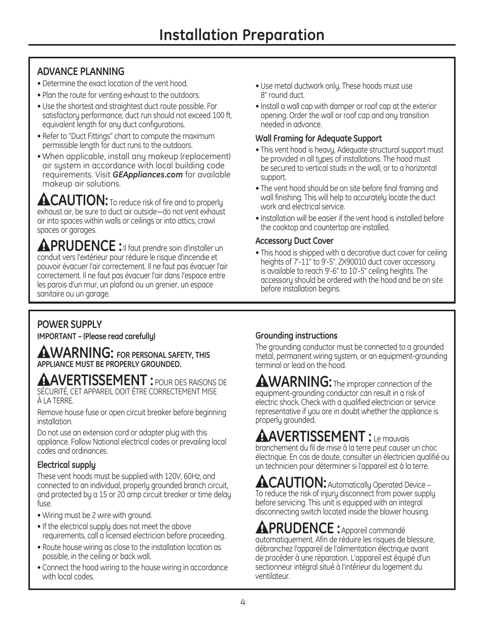 Installation preparation, Caution, Prudence | Warning, Avertissement | GE ZV900SLSS User Manual | Page 4 / 20