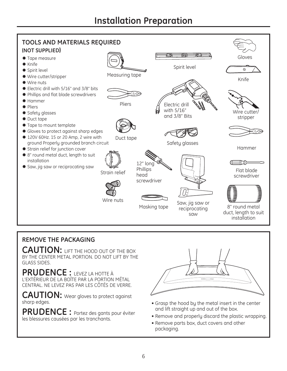 Installation preparation, Caution, Prudence | GE ZV900SLSS User Manual | Page 6 / 20
