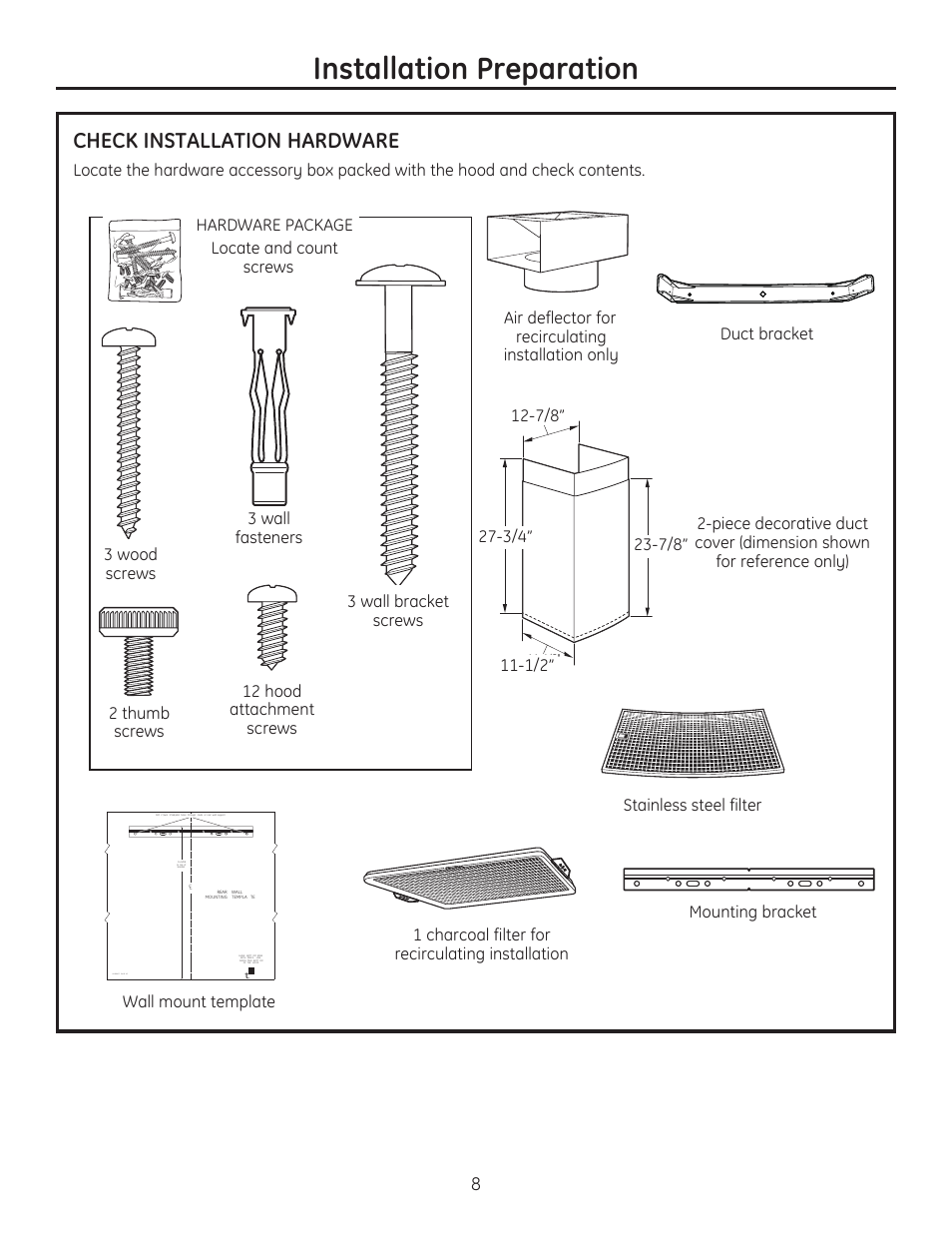 Installation preparation, Check installation hardware, Wall mount template | GE ZV900SLSS User Manual | Page 8 / 20