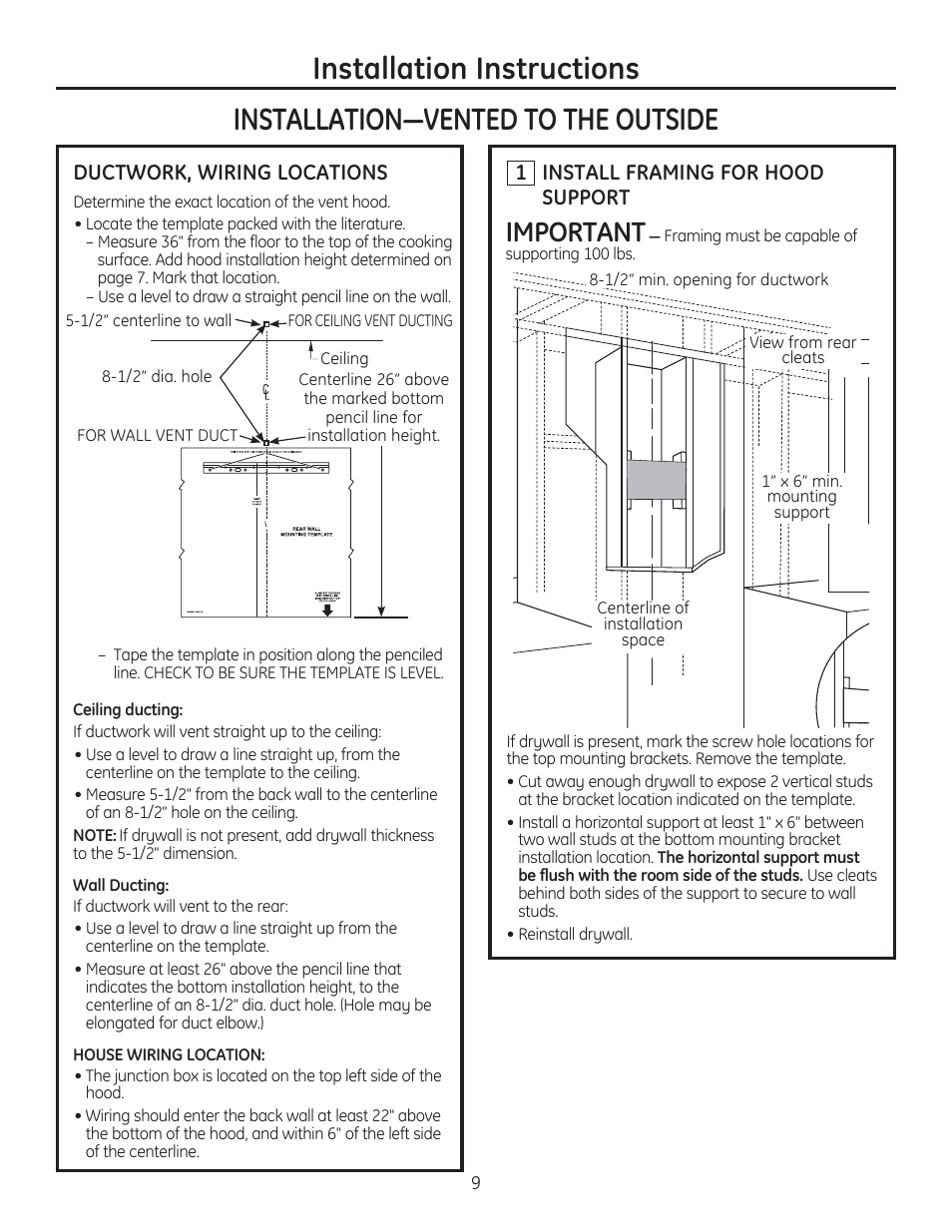 Installation instructions, Important, Install framing for hood support | Ductwork, wiring locations | GE ZV900SLSS User Manual | Page 9 / 20