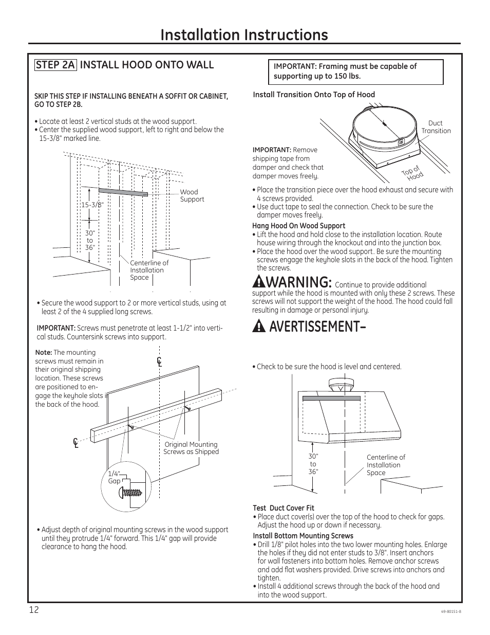 Installation instructions, Warning, Avertissement | GE ZV48SSFSS User Manual | Page 12 / 16