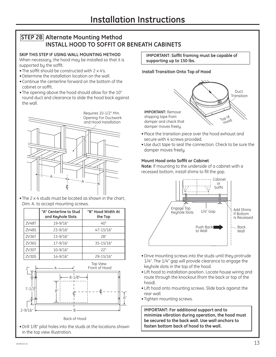 Installation instructions, Install hood to soffit or beneath cabinets | GE ZV48SSFSS User Manual | Page 13 / 16