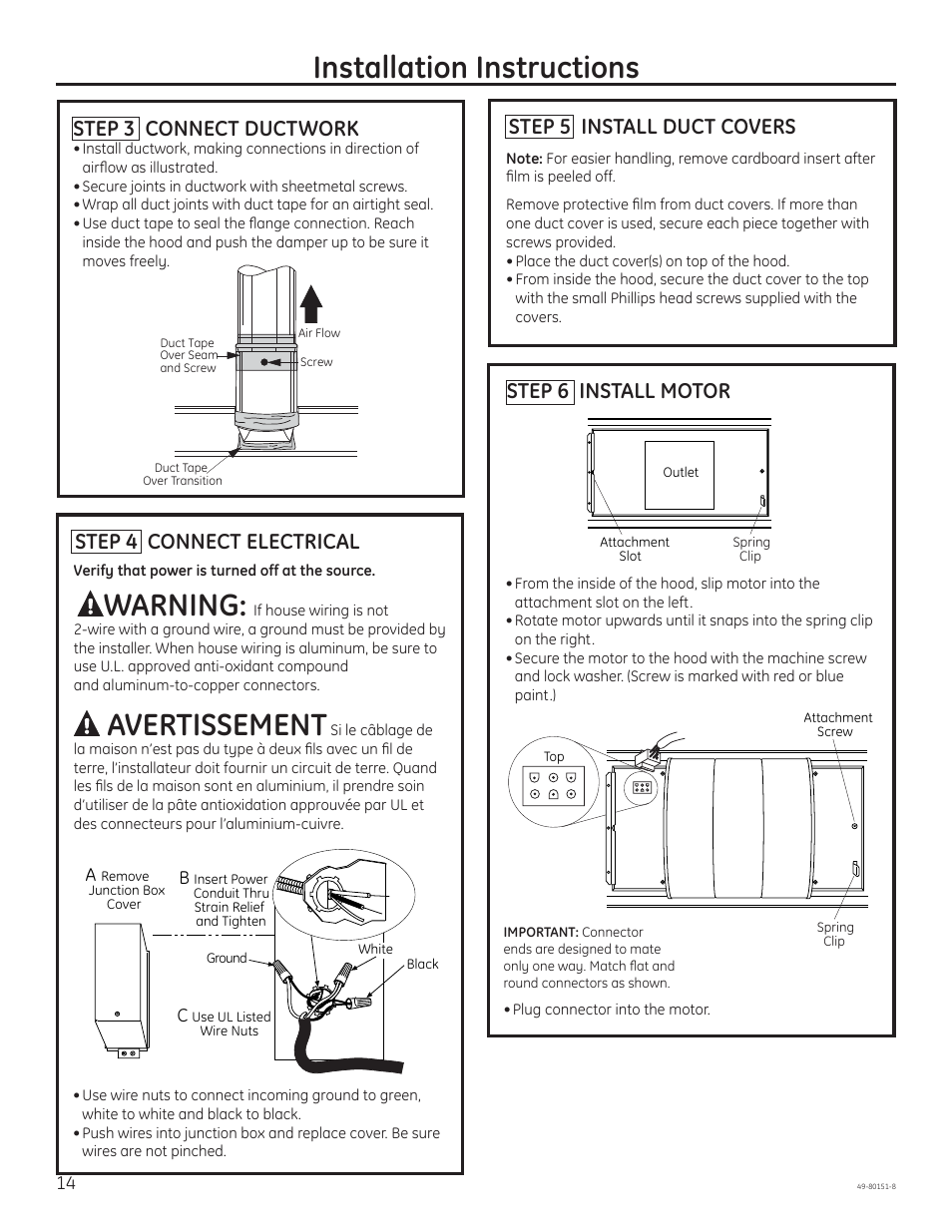 Installation instructions, Warning, Avertissement | Step 3 connect ductwork, Step 6 install motor | GE ZV48SSFSS User Manual | Page 14 / 16