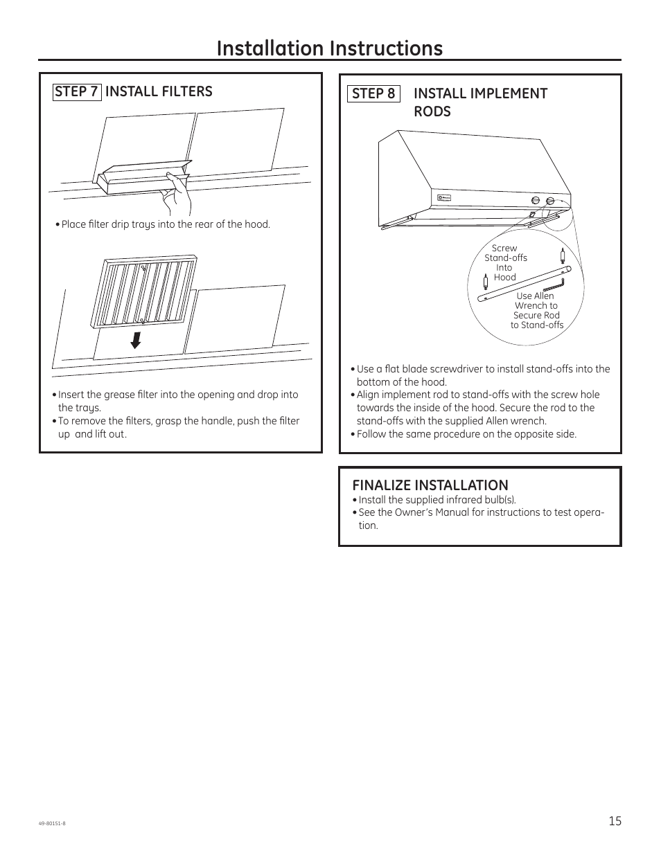 Installation instructions, Step 7 install filters, Step 8 install implement rods | Finalize installation | GE ZV48SSFSS User Manual | Page 15 / 16