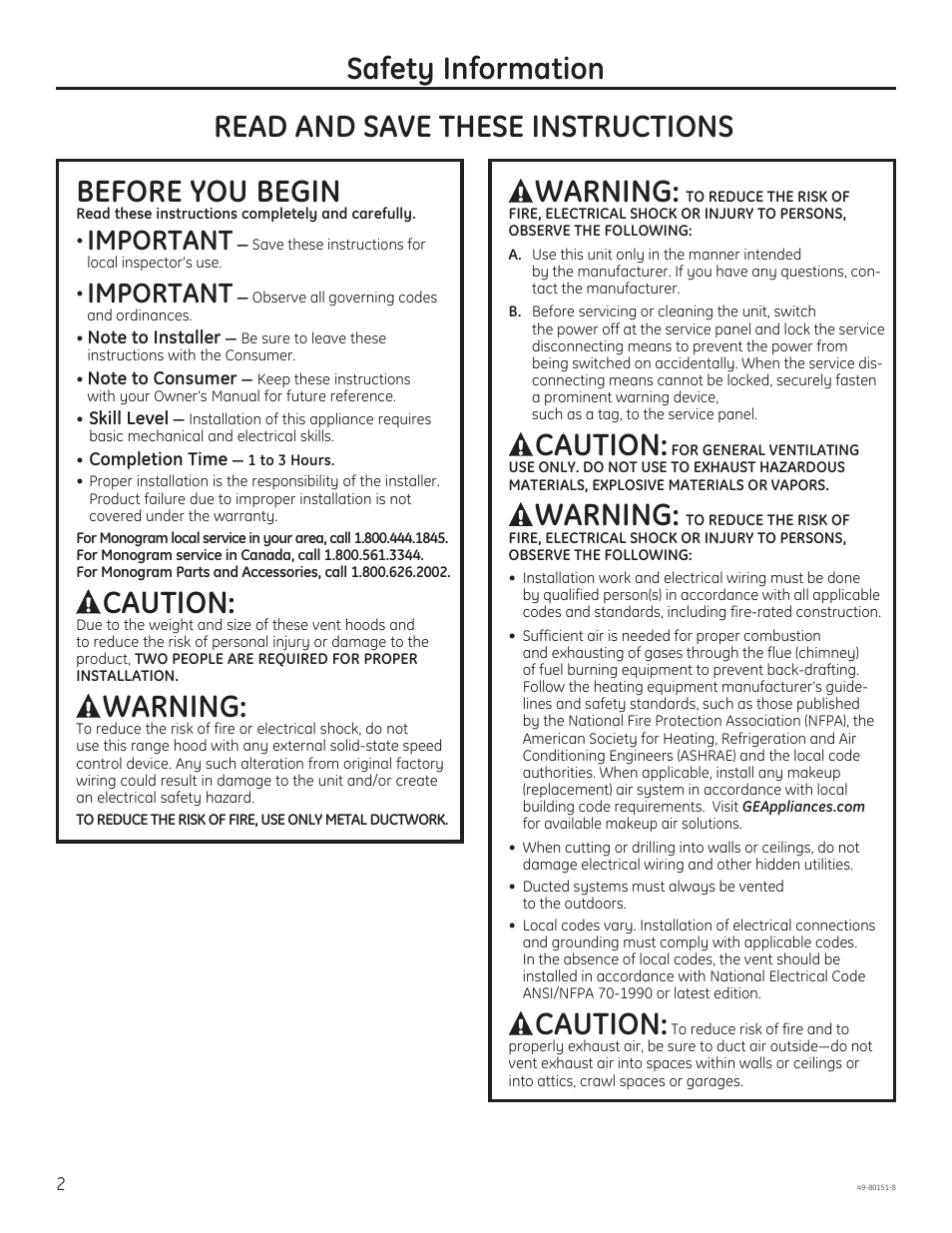 Safety information before you begin, Caution, Warning | Read and save these instructions, Important | GE ZV48SSFSS User Manual | Page 2 / 16